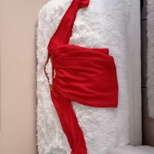 Sheer cold shoulders red blouse
